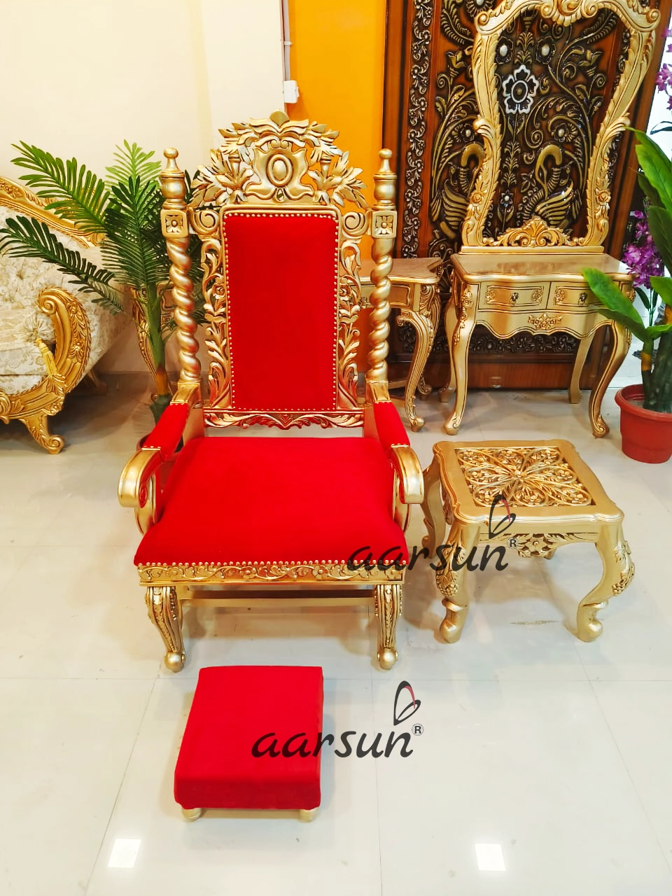 Aarsun Wooden Guruji Chair in Gold Finish with stool Global Delivery Available