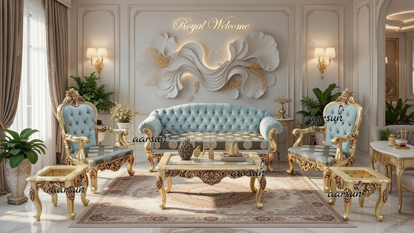 Luxurious Light Blue 5-Seater Sofa Set with Tufted Back and Gold Polish SKU: YT-811