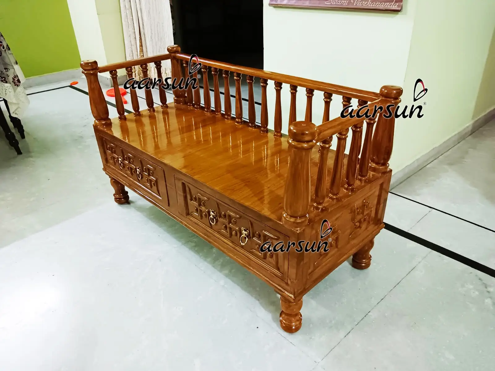 Wooden Ganpati Pooja Chowki with side railing