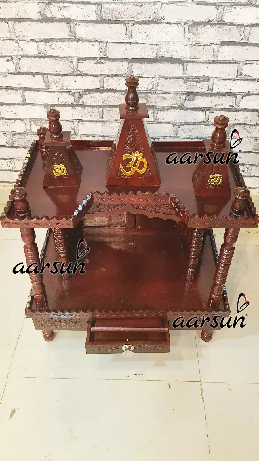 Aarsun Wooden Pooja Mandir with 3 Domes and om symbols