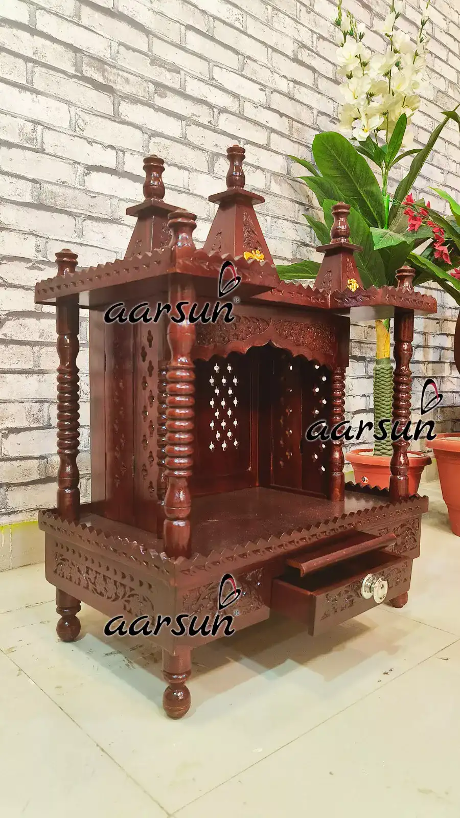 Aarsun Wooden Puja Mandir with 3 Domes and om symbols