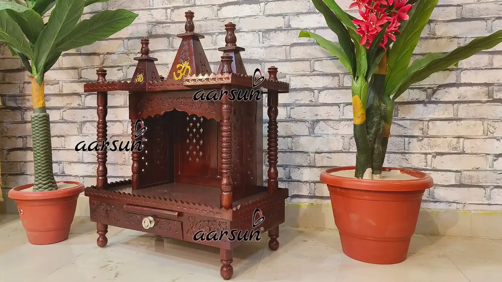 Aarsun Wooden Temple with 3 Domes and om symbols