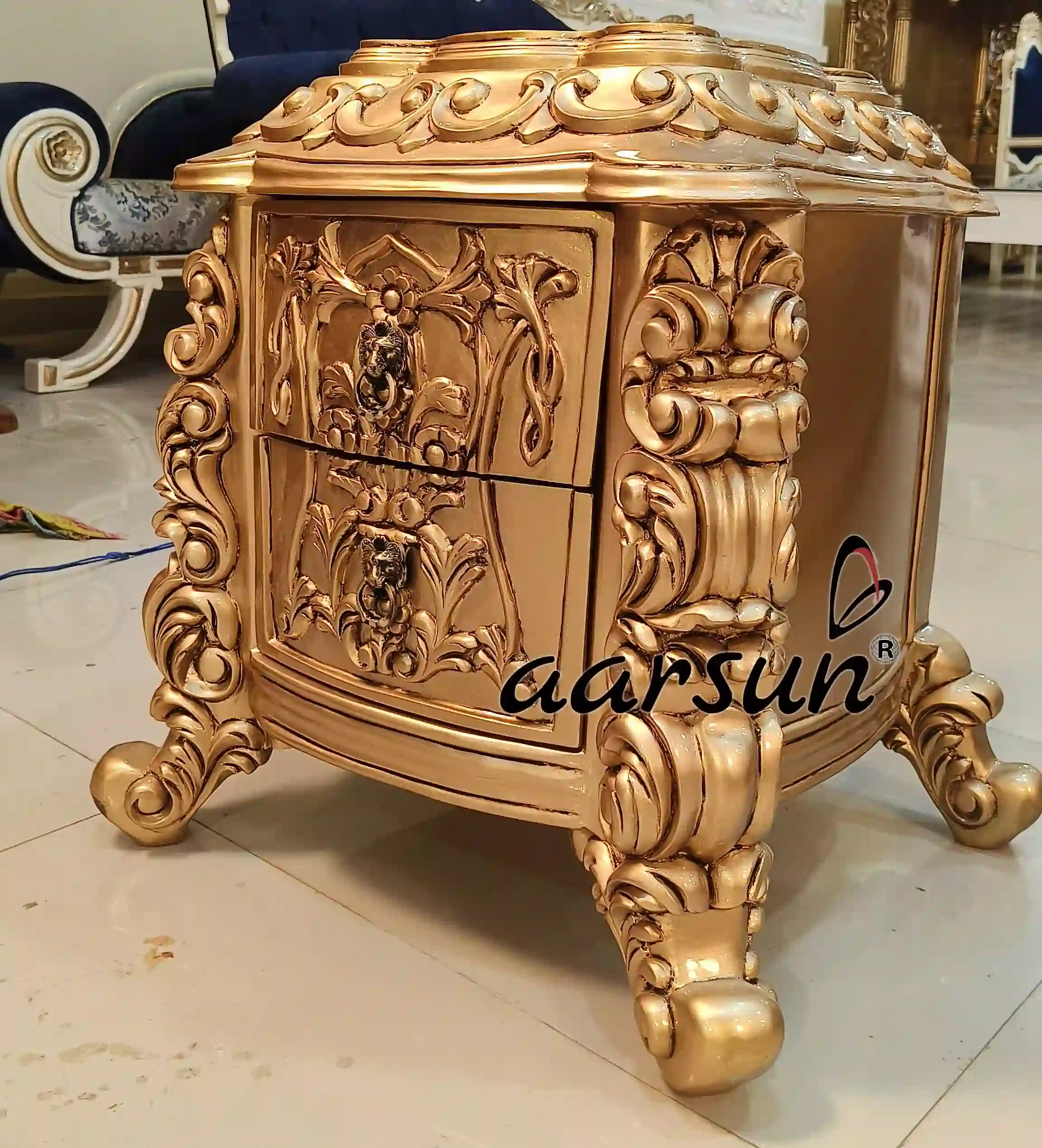 Carved Bed Side Table in Gold Polish