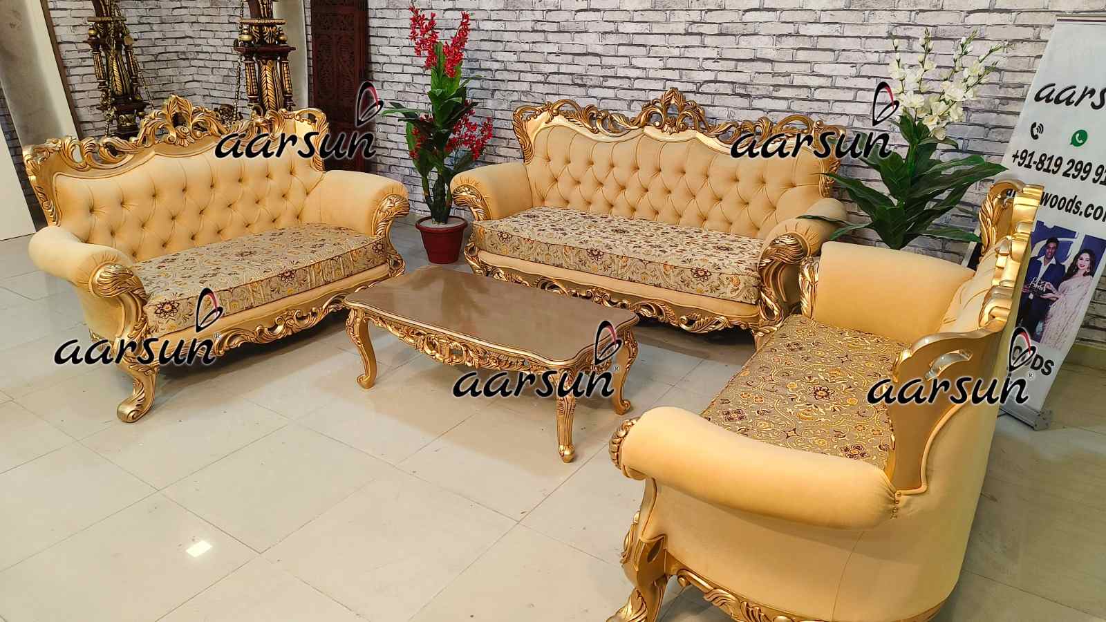 Teak Wood Sofa Set with Antique Gold Color
