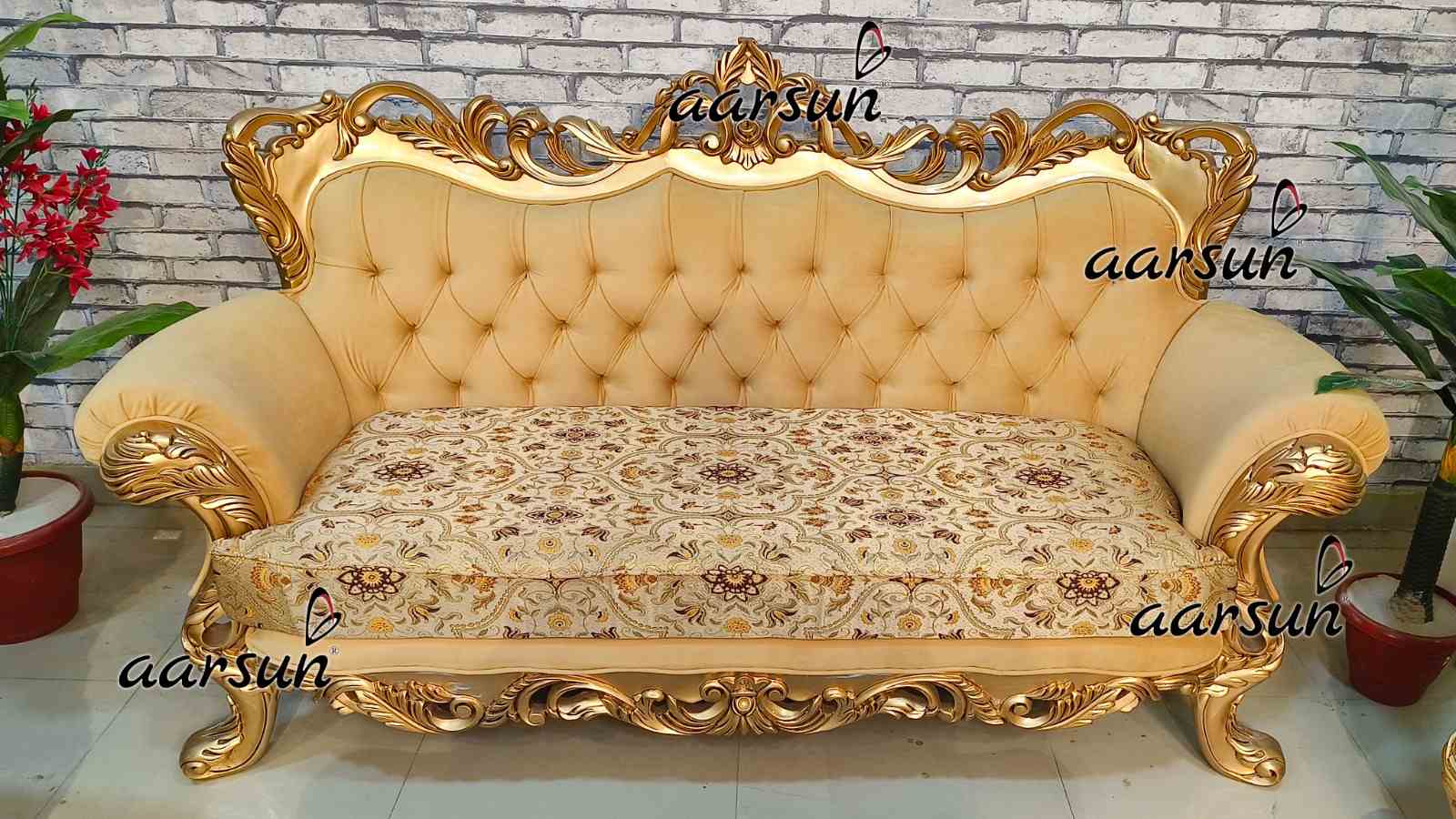 Teak Wood Sofa Set with Antique Gold Paint