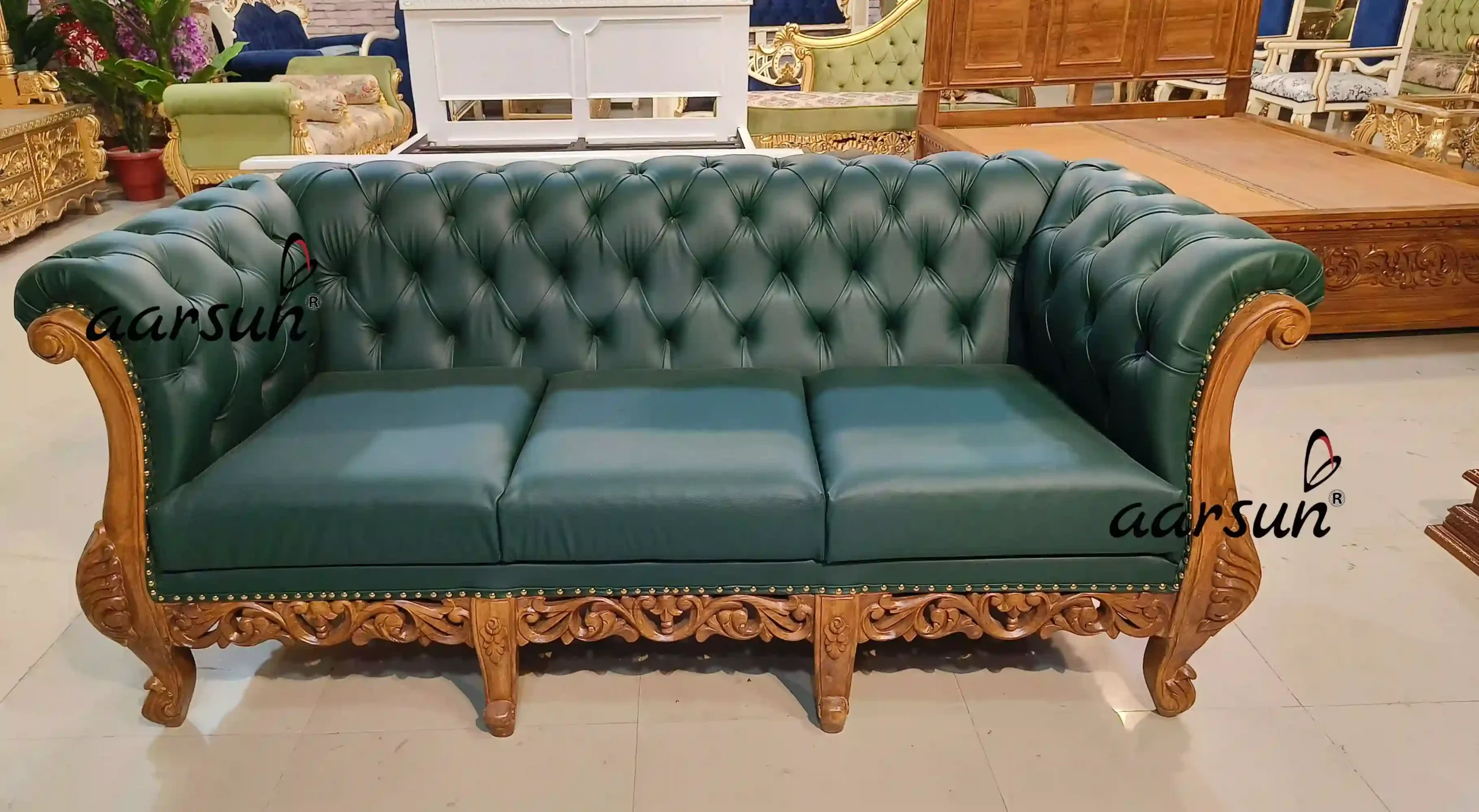Wooden Chesterfield Sofa Set in Green color fabric