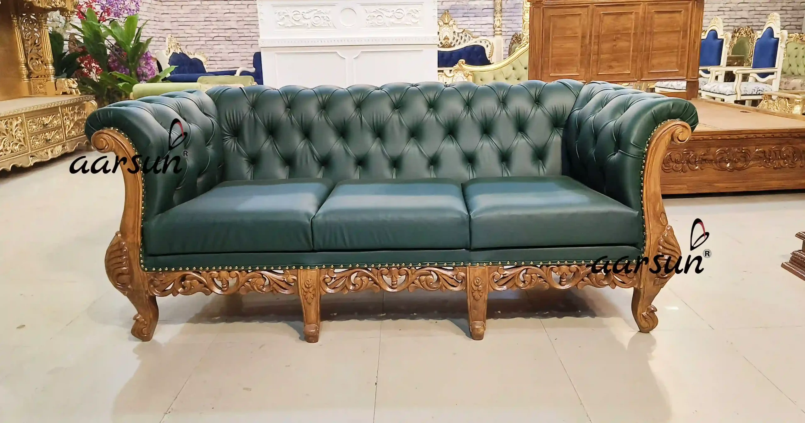 Wooden Chesterfield Sofa Set in green fabric