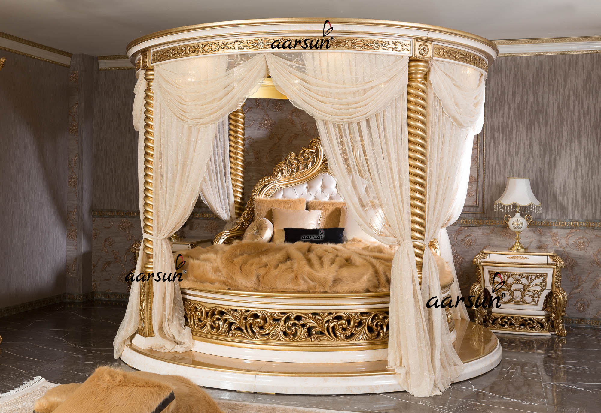 Aarsun Round bed with white and gold polish