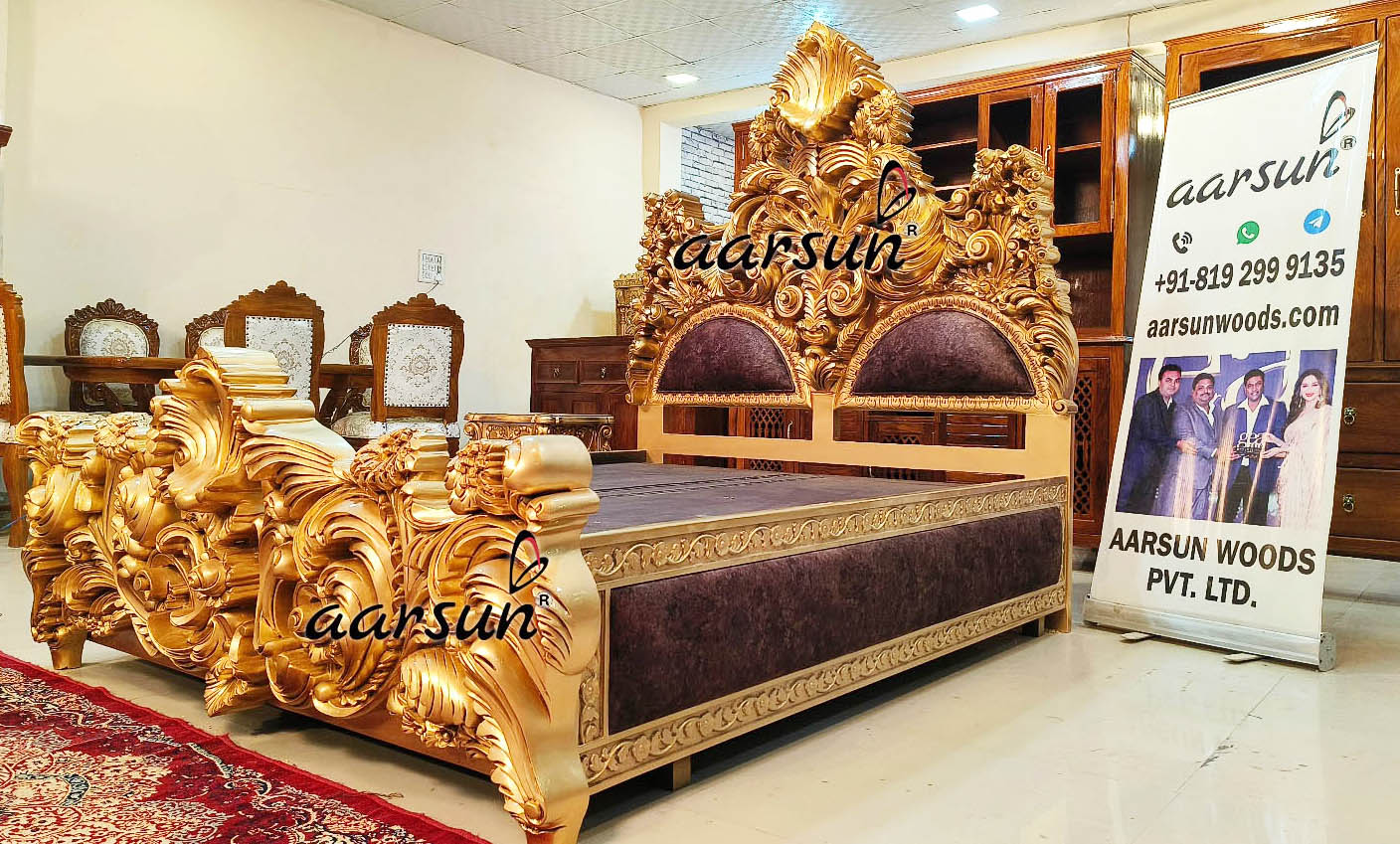 Wood Carved Bed with side table