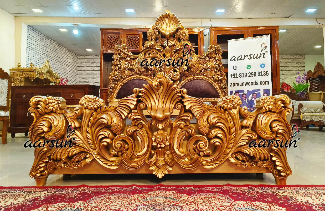 Wooden Carved Bed in gold polish with side table