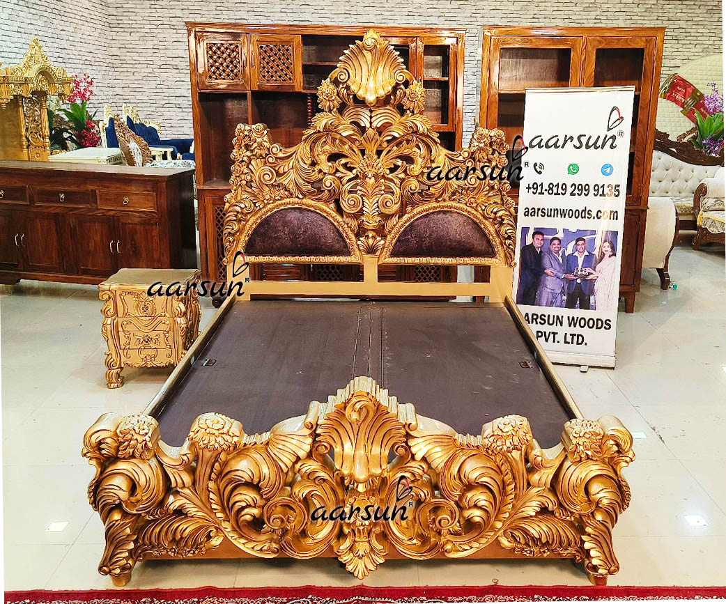 Wooden Carved Bed with side table