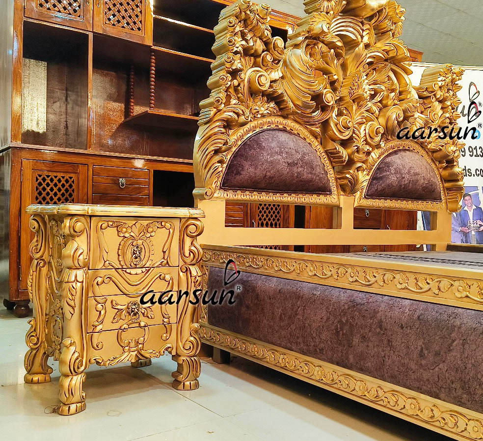 Wooden Royal Carved Bed with side table