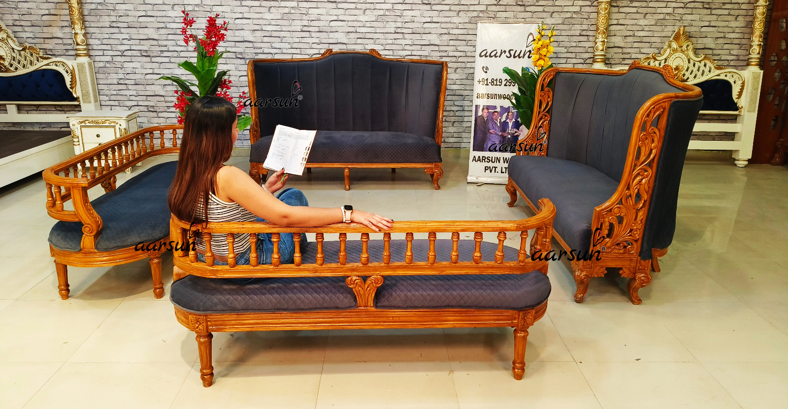 Red Oak Sofa Set with blue fabric