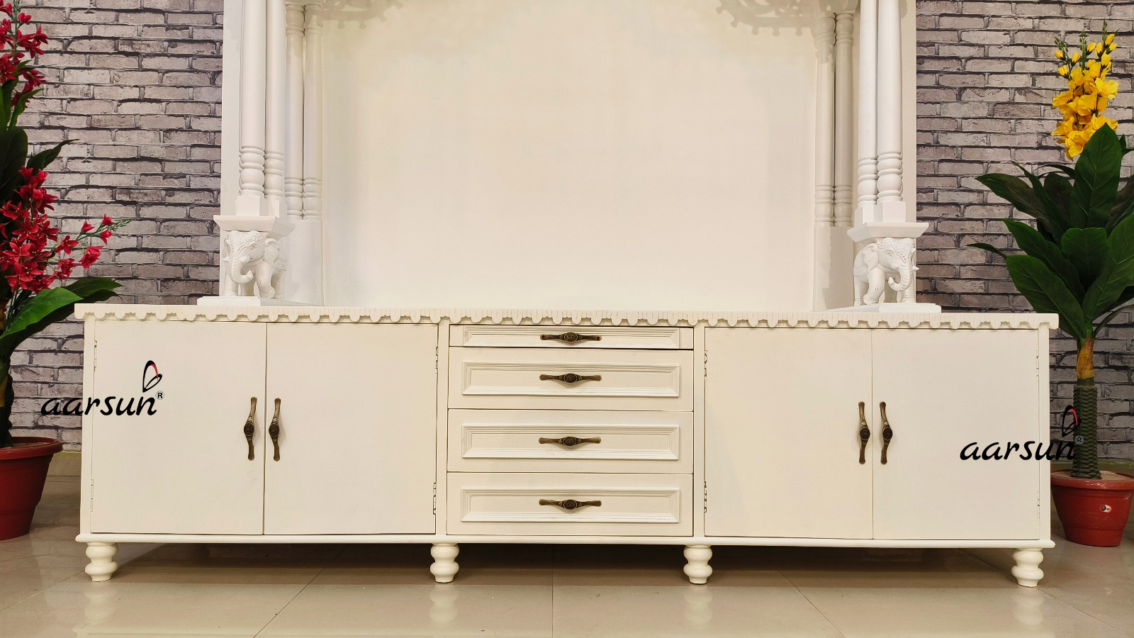 Teak Wood White Mandir in satin paint