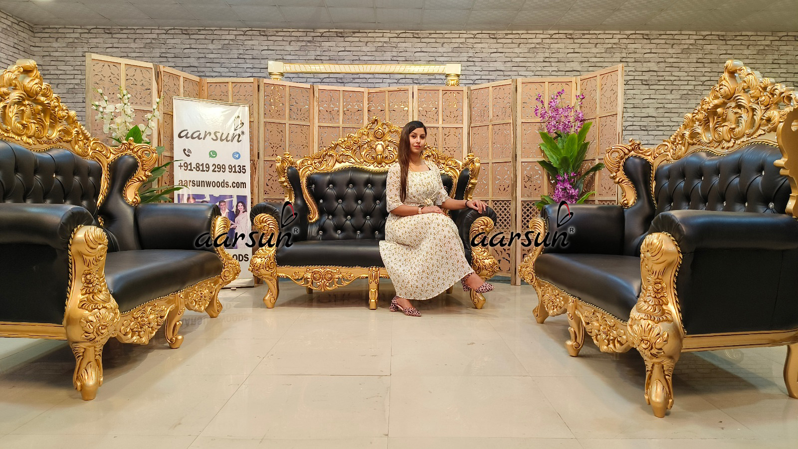 Wooden Sofa Set with Gold Polish