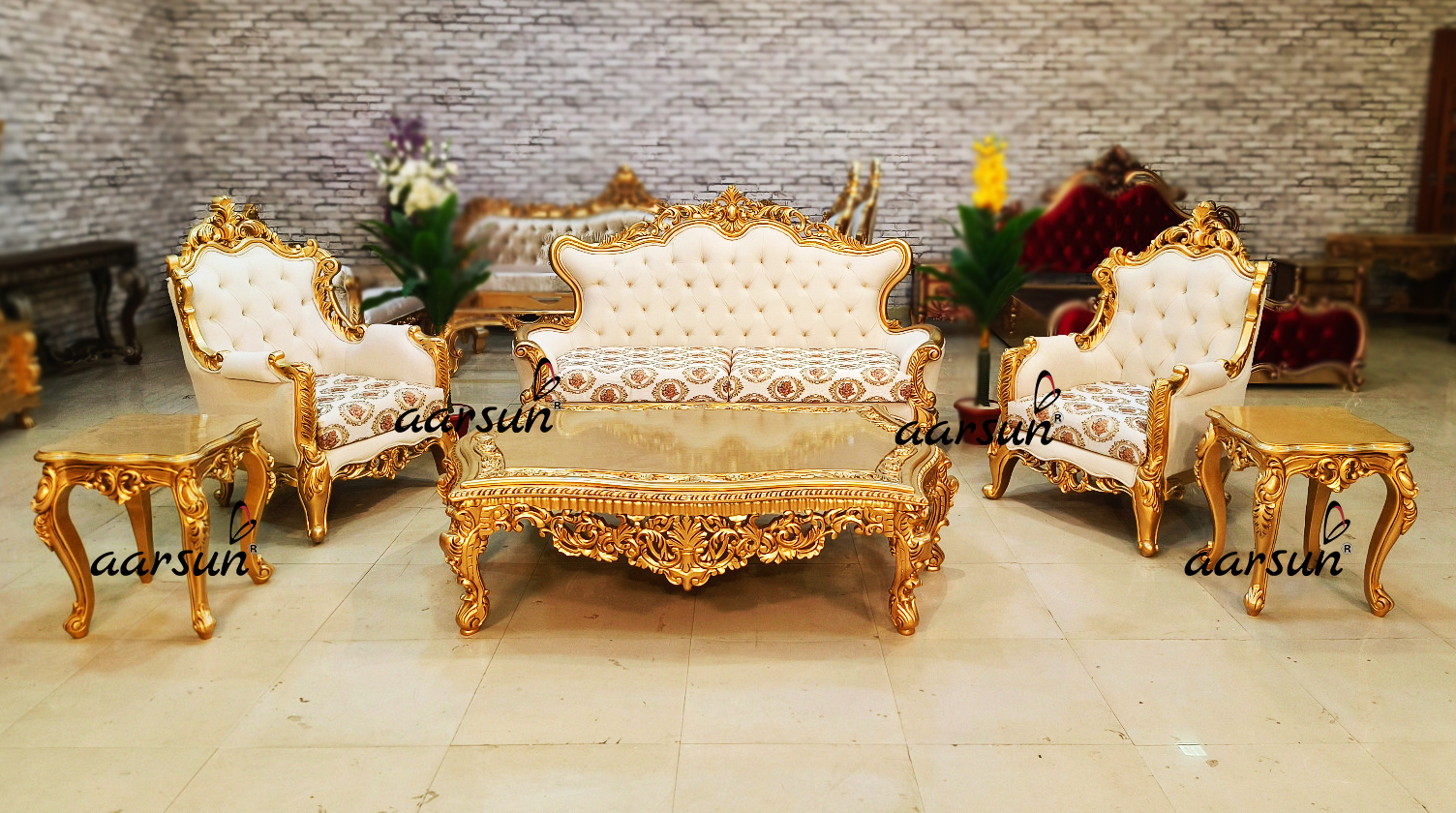 Double Carved Sofa Set Design in Gold Polish