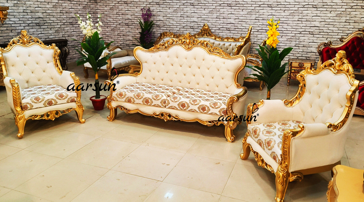 Double Carved Sofa Set in Gold Polish