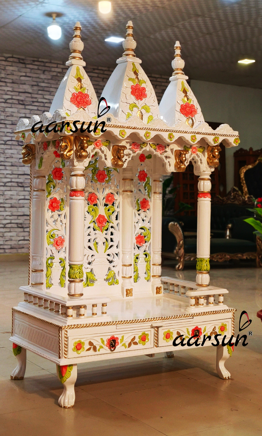 North Indian Design Temple in Marble White Polish