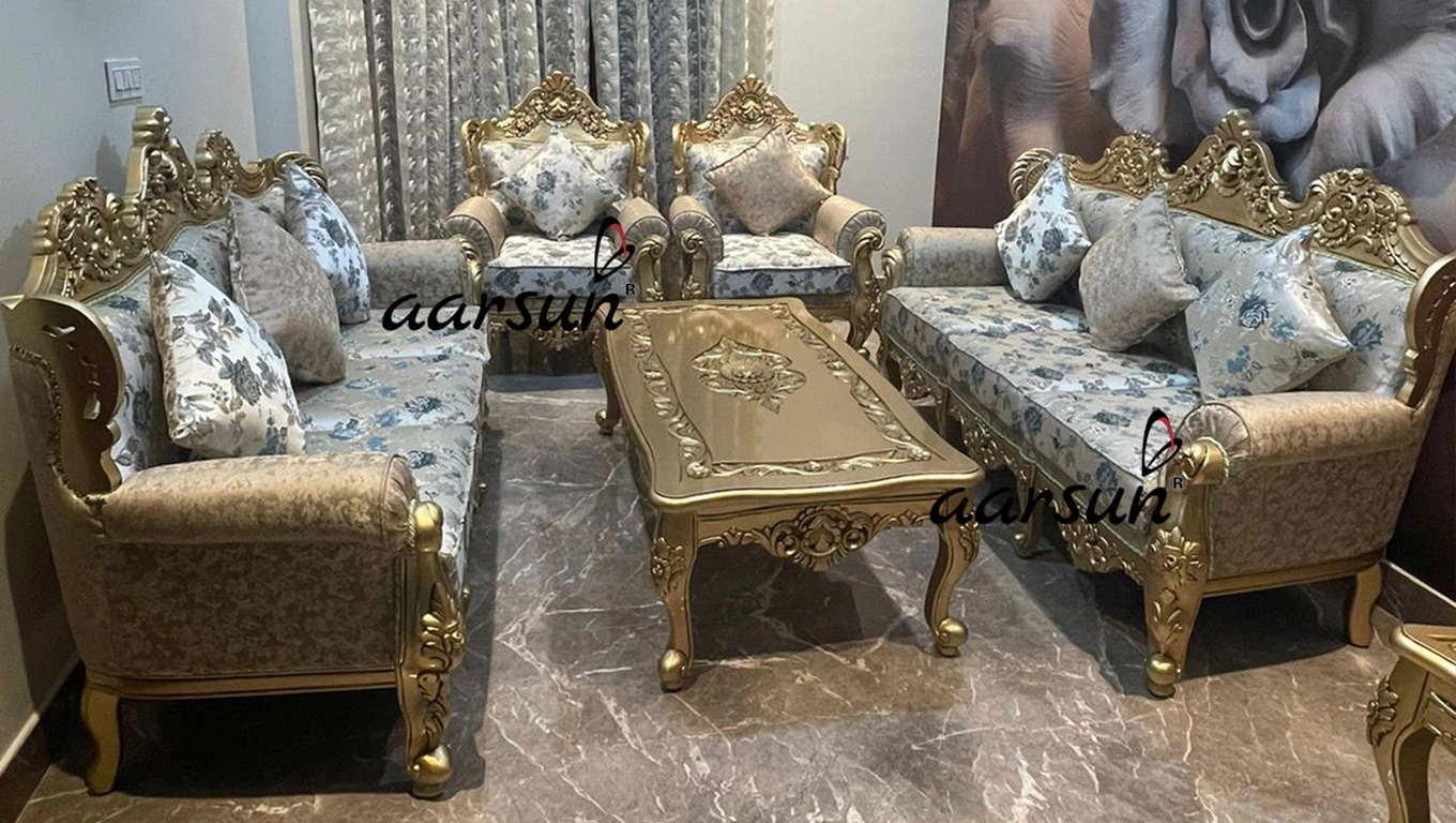 Traditional Wooden Sofa Set with Ornate Gold Carving
