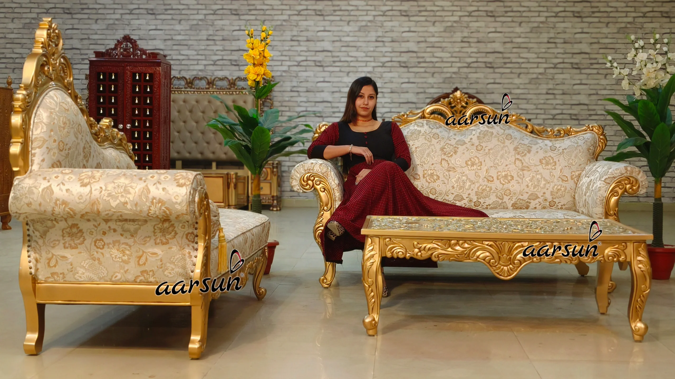 3 Seater Sofa with Deewan in Antique Gold Paint
