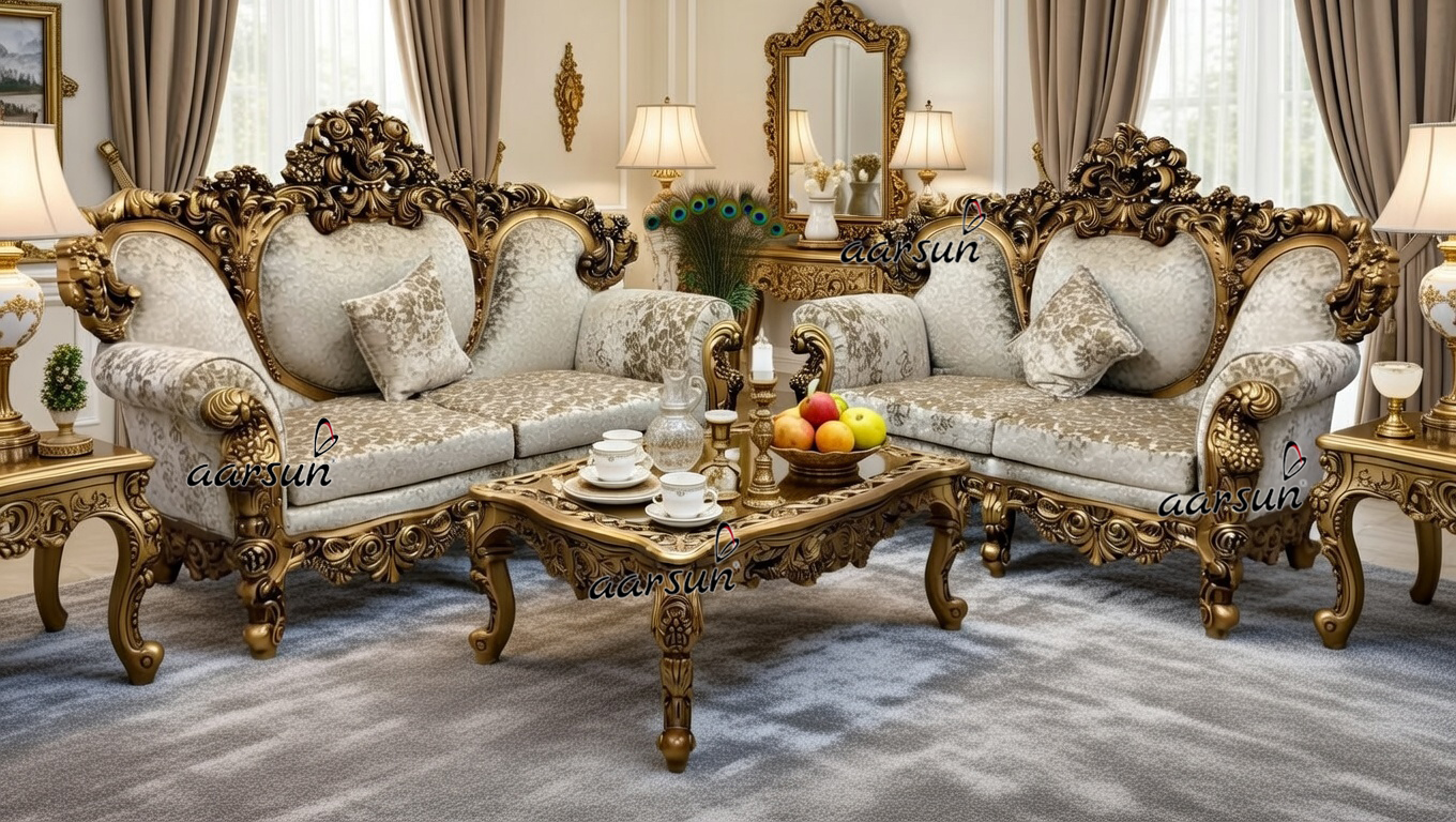 Opulent Royal Wooden Sofa Set for Living Room