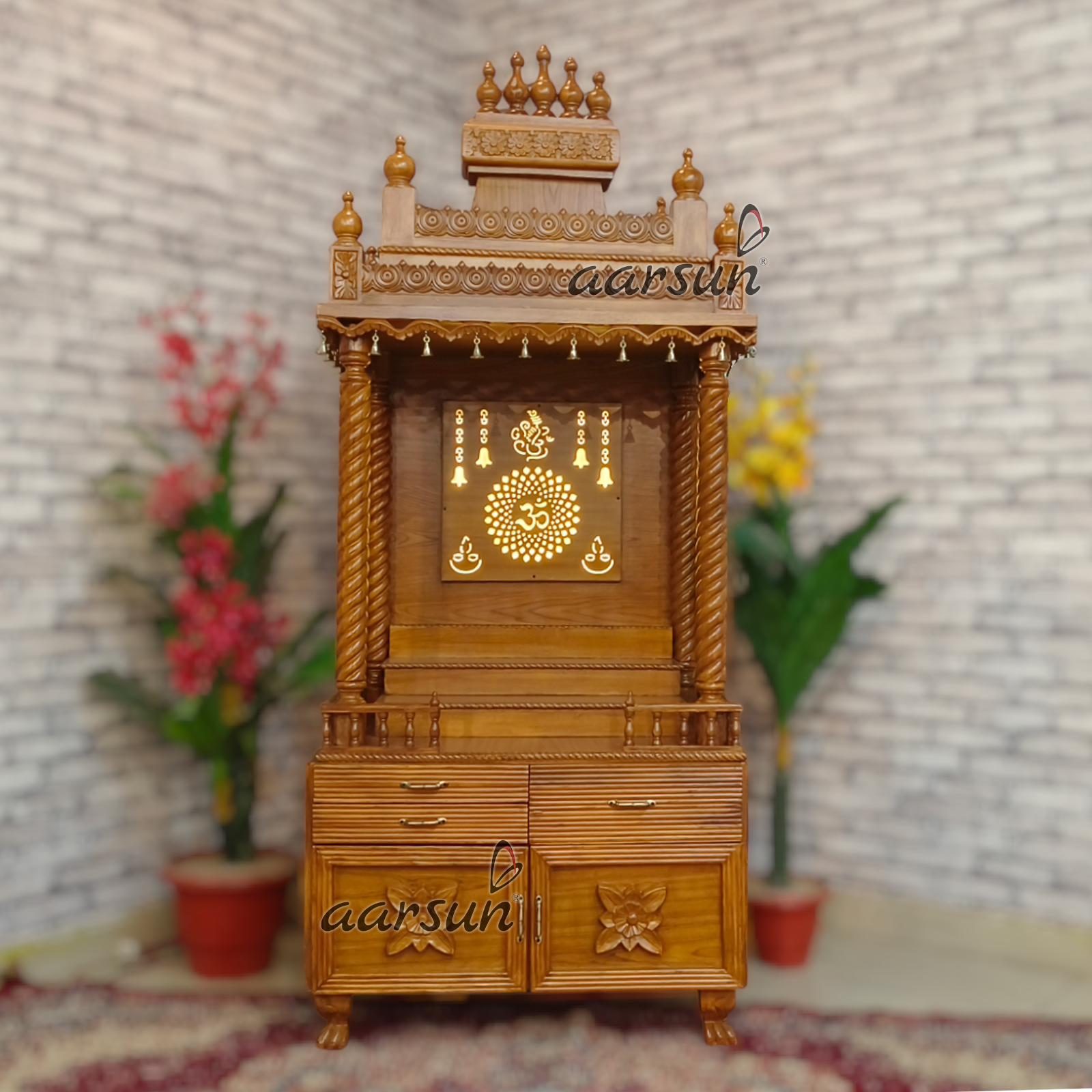 Modern Pooja Mandir with Back Om Design, Jali Work