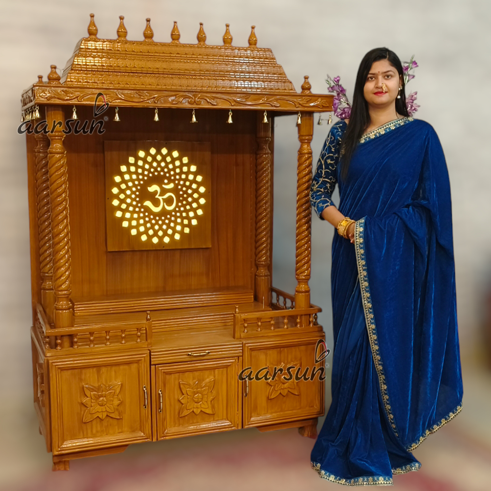Wooden Pooja Mandir with LED Panel - Image 4