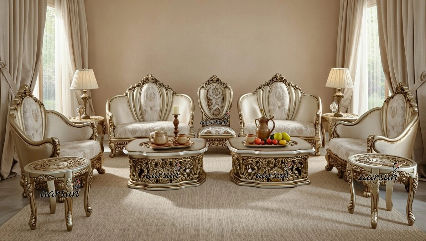Exclusive Hand-Carved Full Sofa Set - Sofa Crown Peacock Design, Chester Sofa