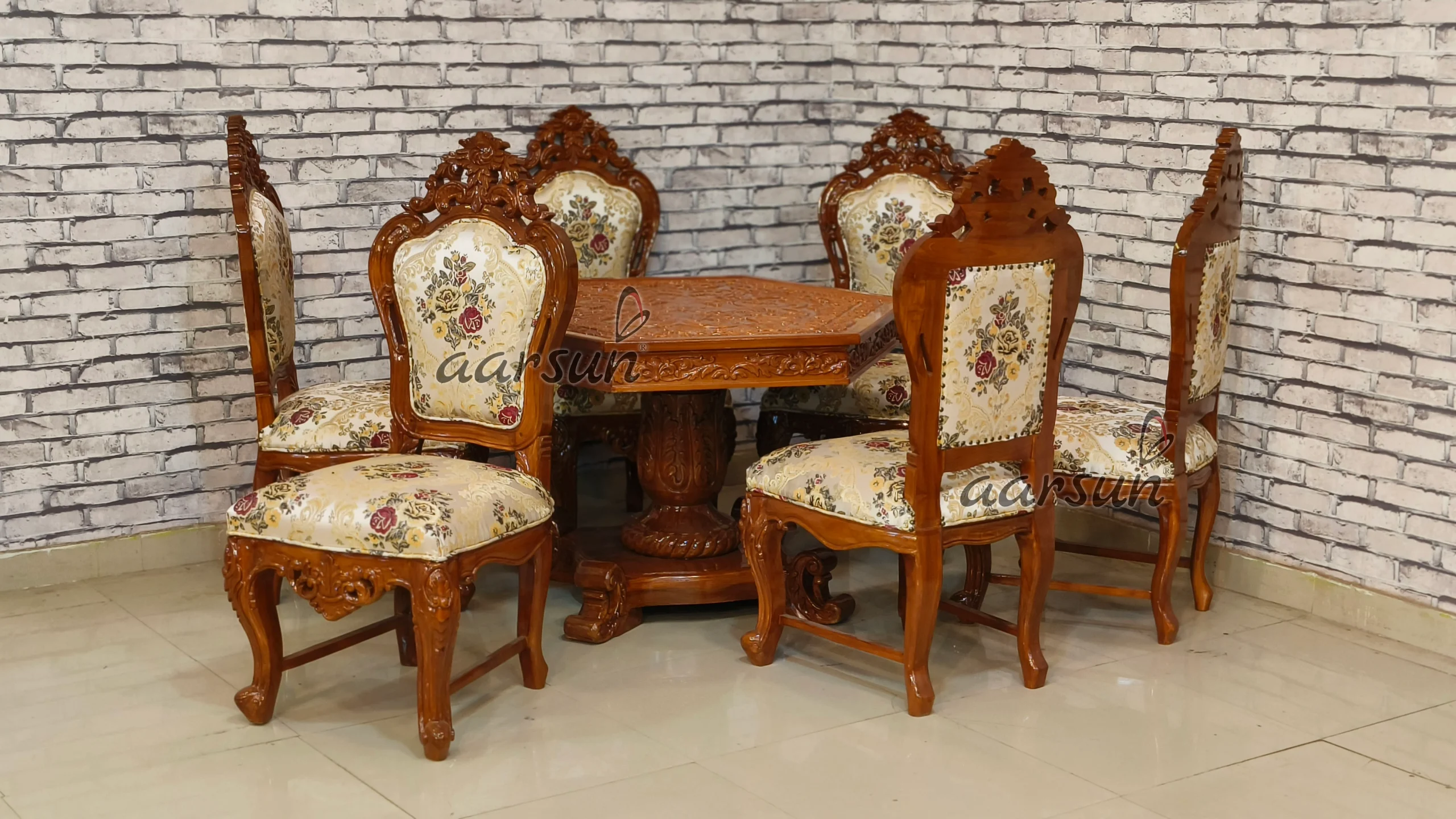 Wooden Handcrafted Hexagon Shape Dining Table Set Design