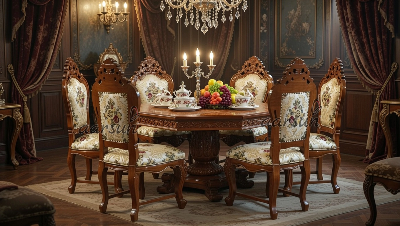 Wooden Handcrafted Hexagon Shape Dining Table Set Design