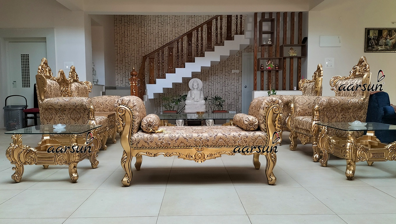 Majestic Wooden Sofa Set with Ornate Gold Finish
