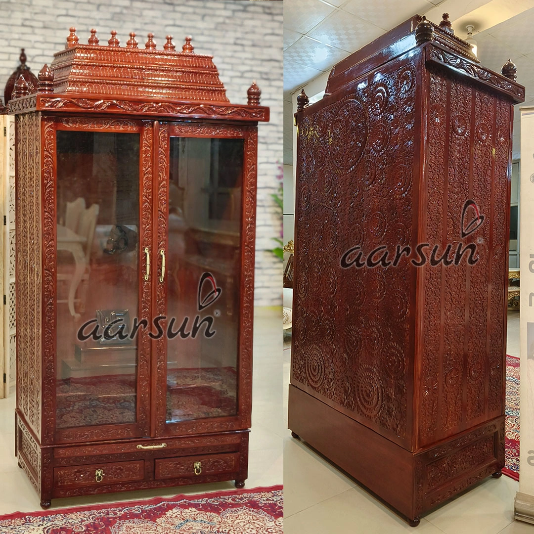 Carved Pooja Mandir with Cabinets and Glass Doors - Image 6