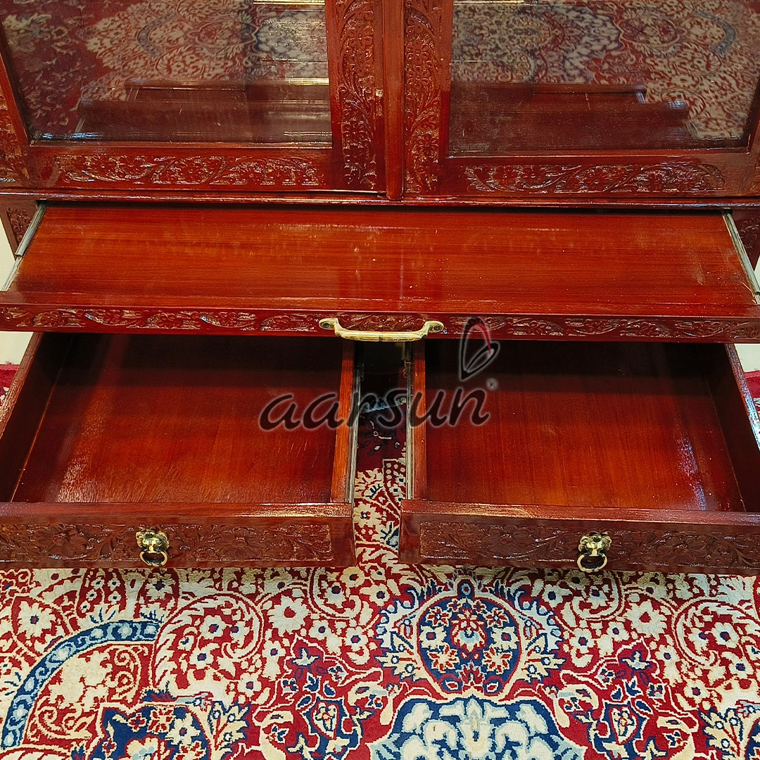 Carved Pooja Mandir with Cabinets and Glass Doors - Image 2