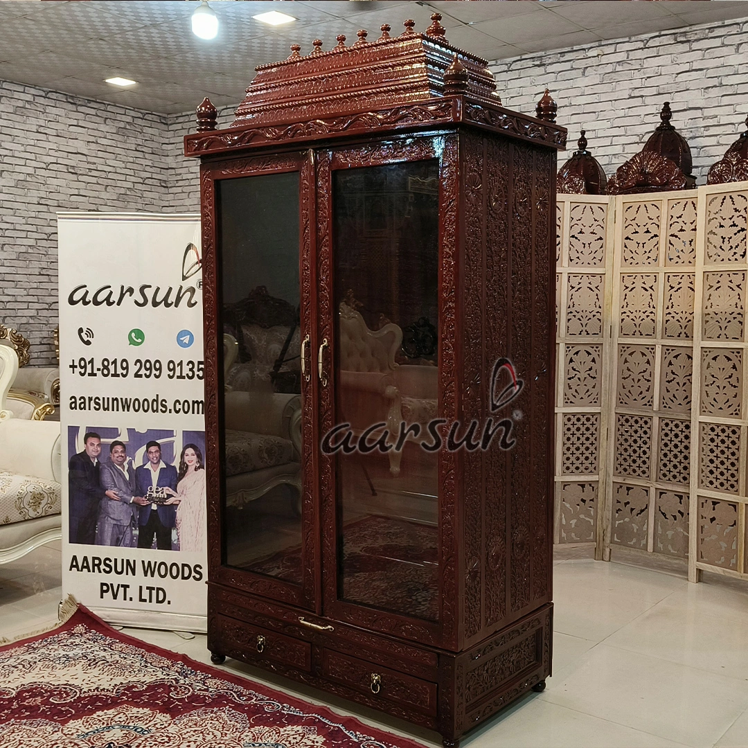 Carved Pooja Mandir with Cabinets and Glass Doors - Image 3