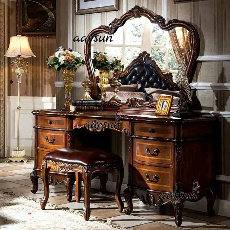 Classic European Style Wooden Dressing Table with Mirror Frame