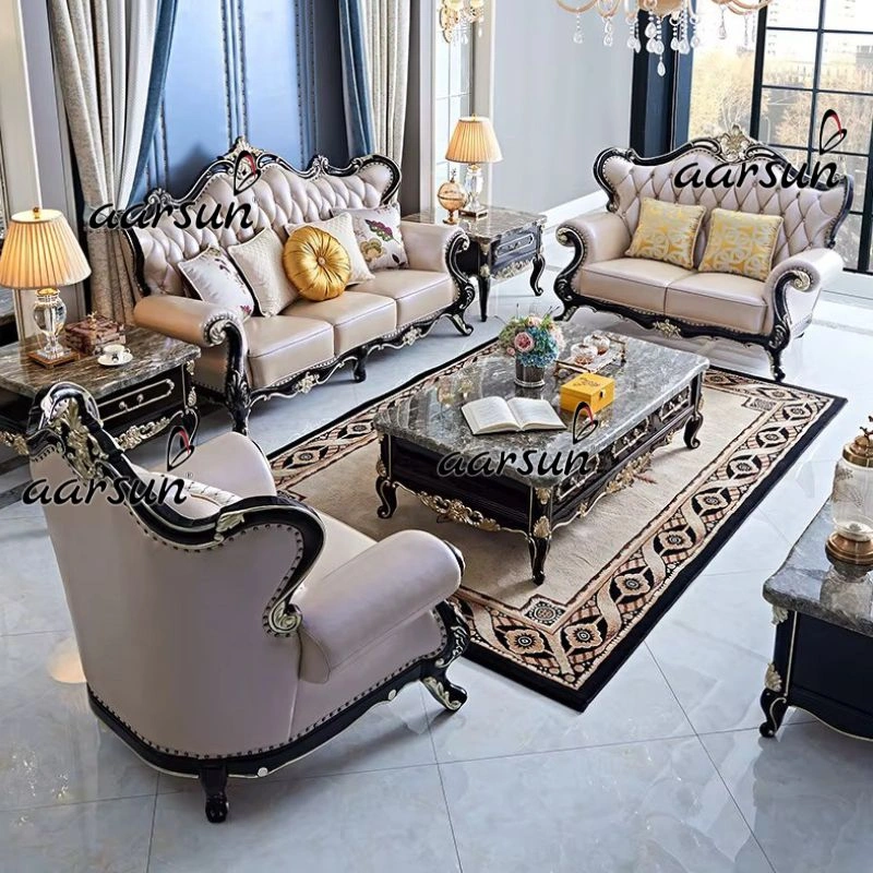 Elegant Carved Wooden Sofa Set with Tufted upholstery