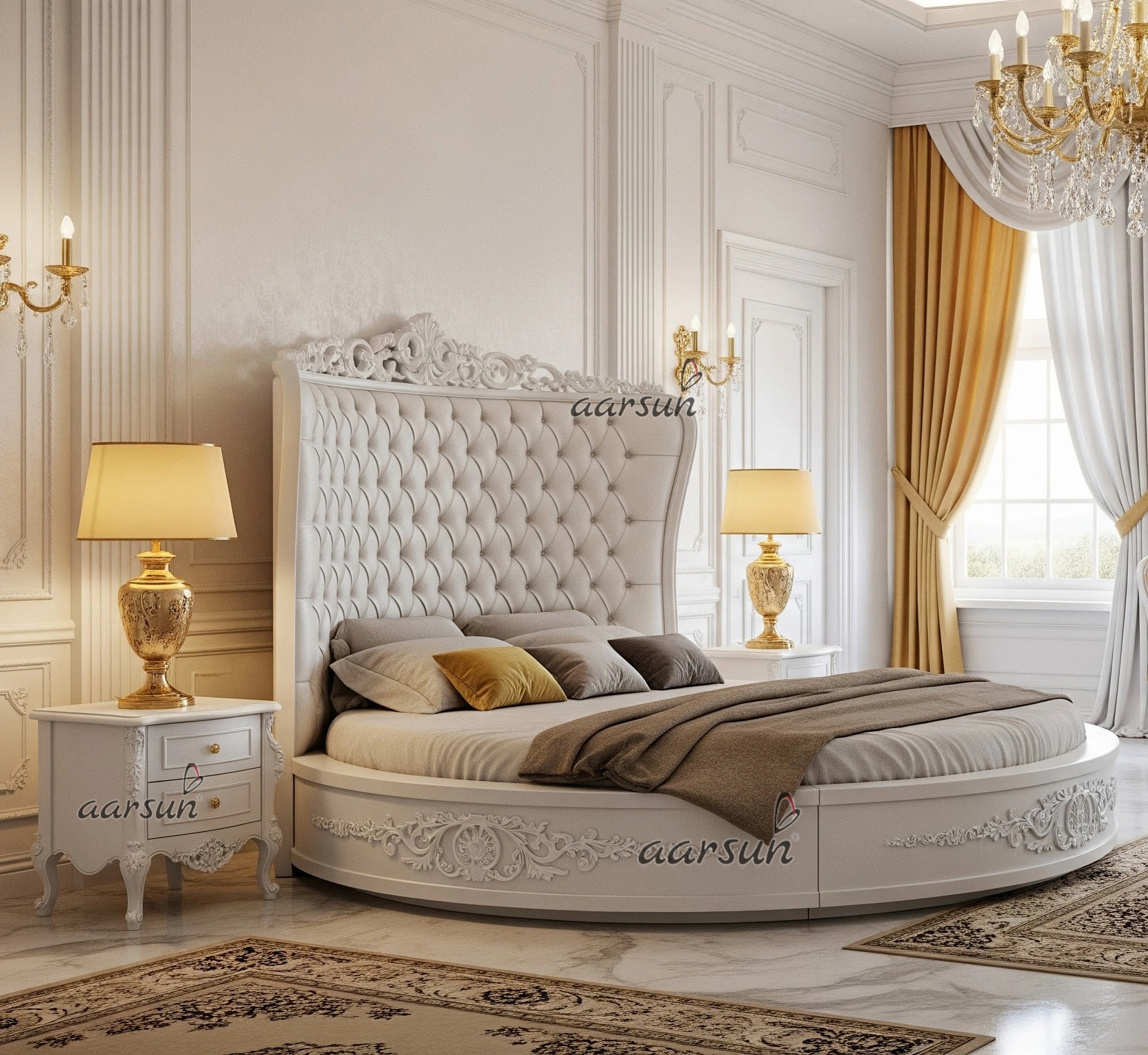 A classic royal round bed in a luxurious bedroom