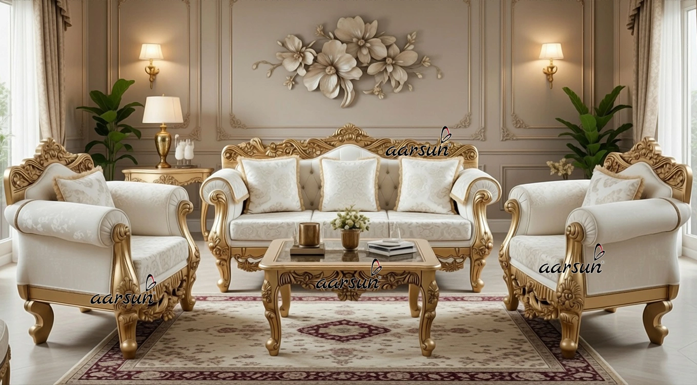 Beautiful Wooden Sofa Set with Royal White & Gold Finish