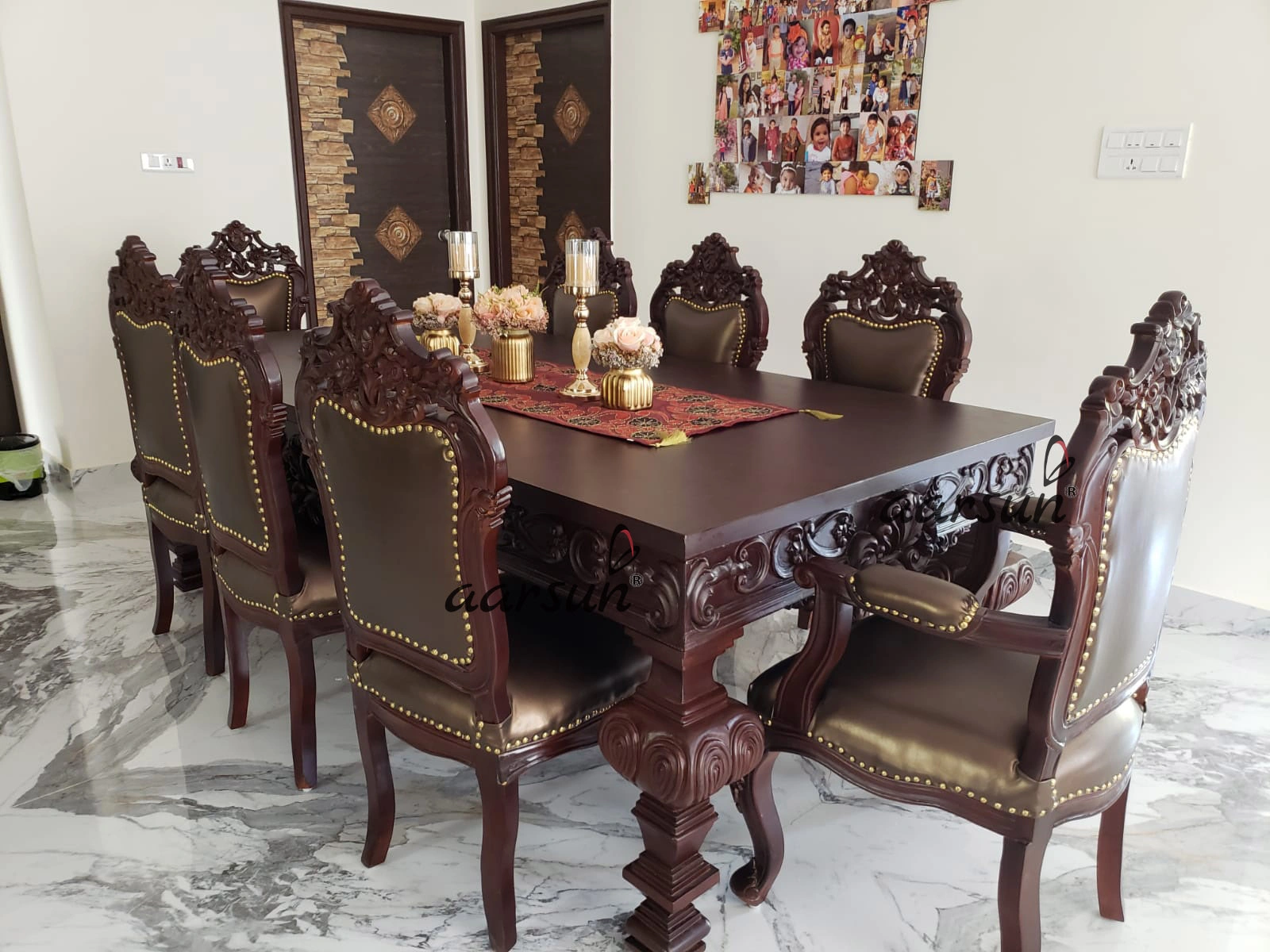 Luxury Handcrafted Wooden Dining Set with Carved Chairs