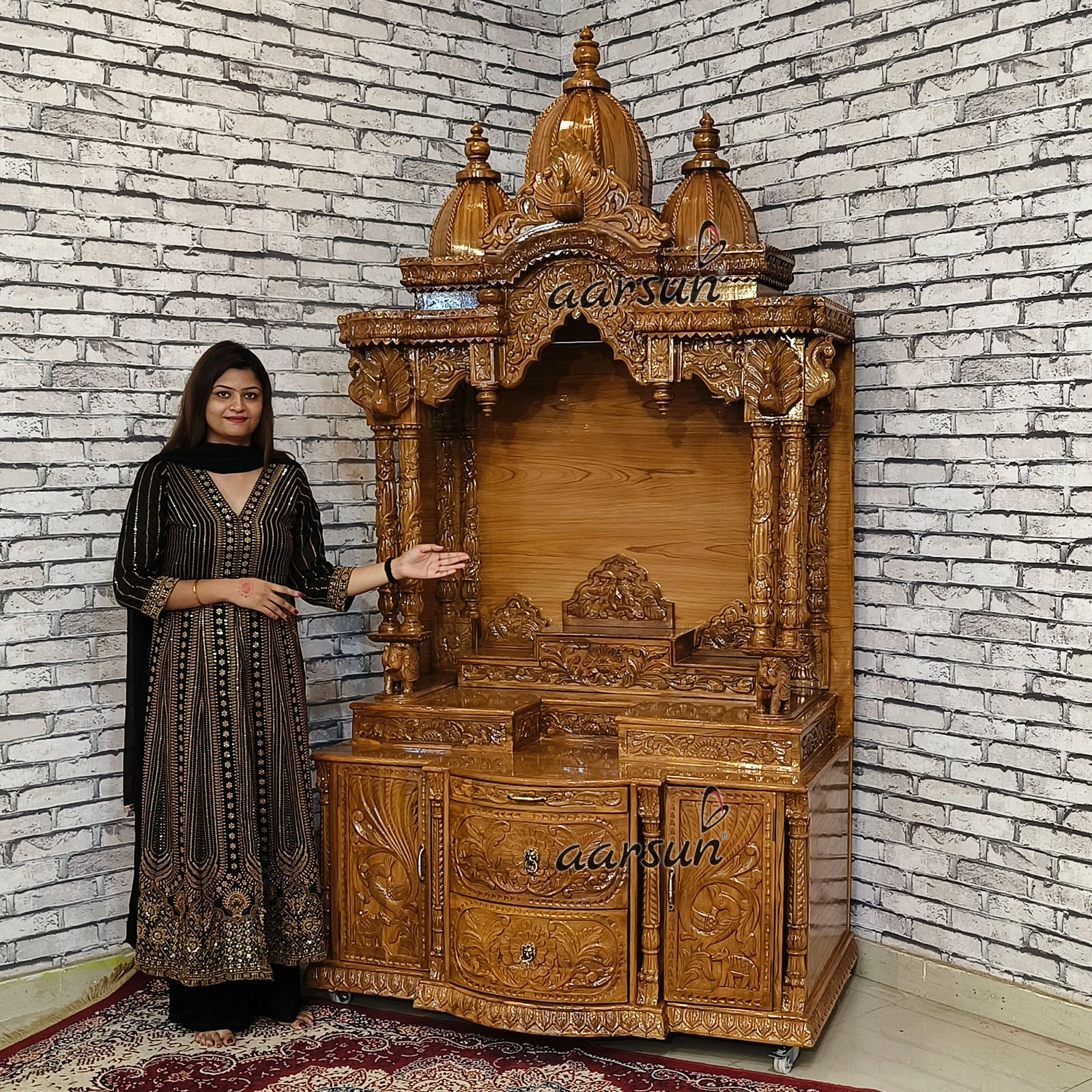 Easy-to-Move Wooden Big Temple for Home (LED And Wheels)