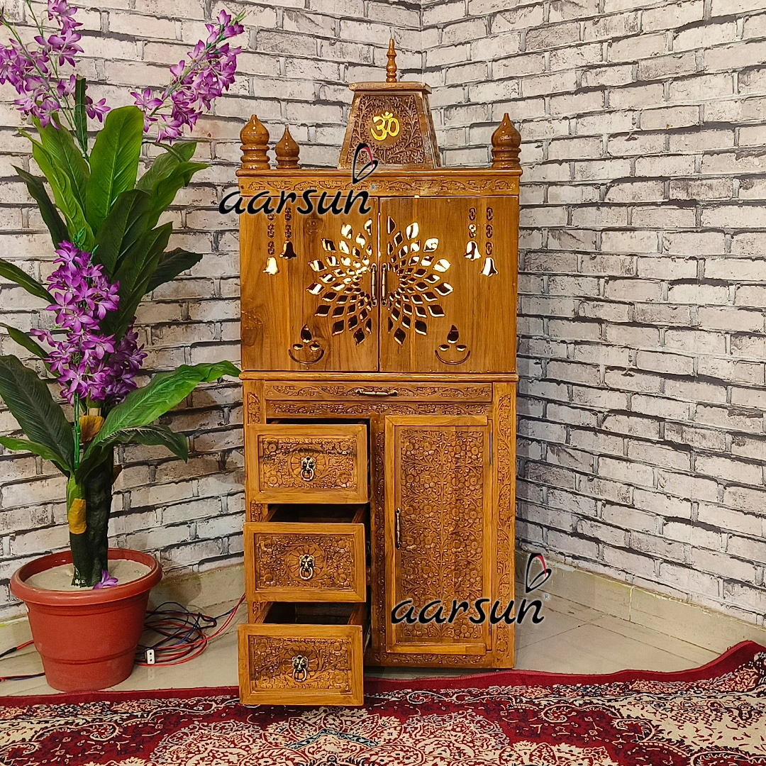 Unique Peacock Feather Panel Design Wooden Temple with LED - Image 2