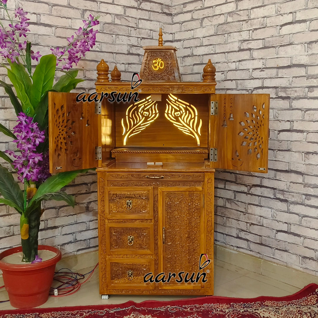 Unique Peacock Feather Panel Design Wooden Temple with LED - Image 4