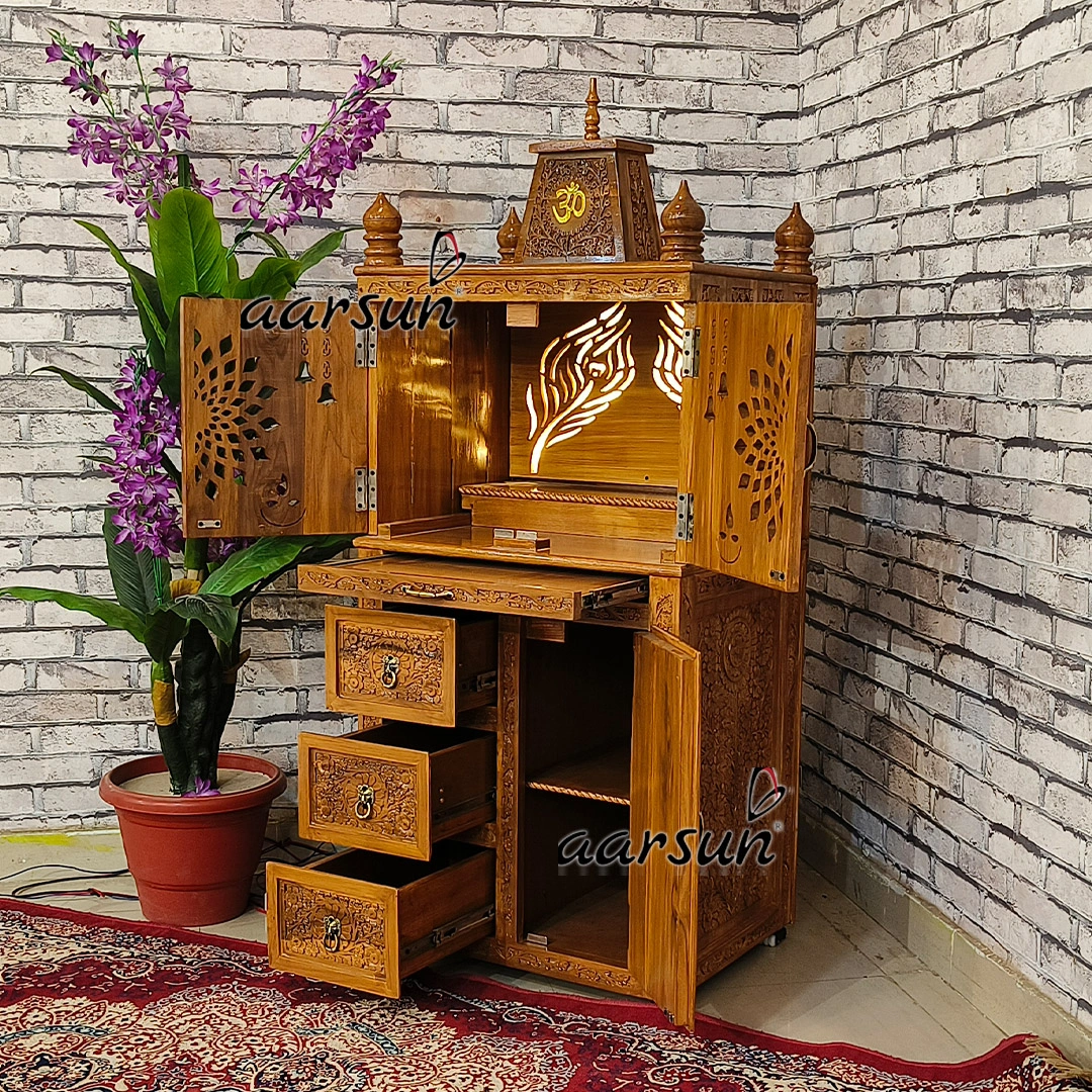 Unique Peacock Feather Panel Design Wooden Temple with LED - Image 5