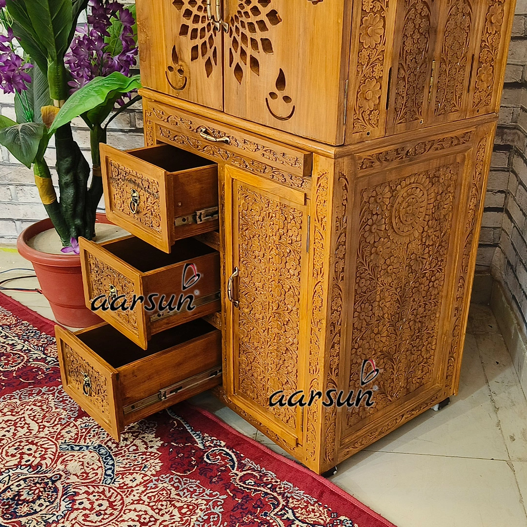 Unique Peacock Feather Panel Design Wooden Temple with LED - Image 6