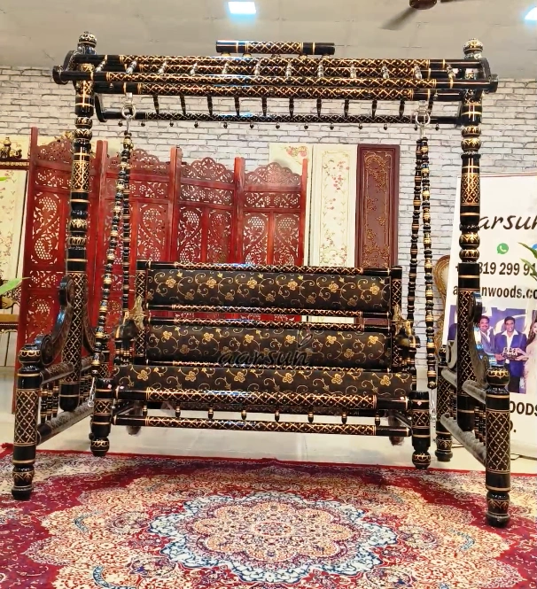 Royal Black & Gold Wooden Sankheda Jhula
