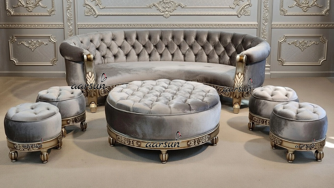 Chester Sofa Design With 04 Puffy & Round Center Table