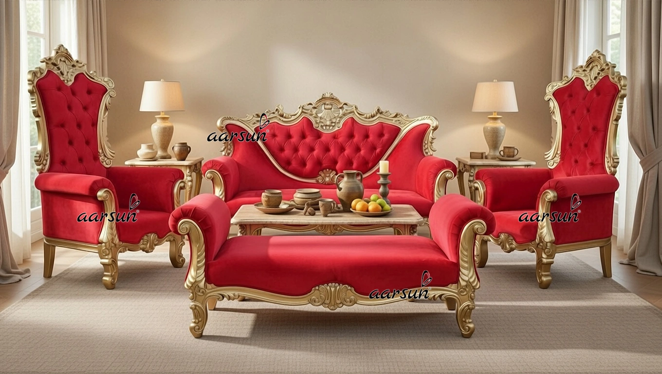 Step into a world of timeless elegance with this royal teak wood sofa set. Inspired by classical palace interiors, the hand-carved detailing, rich red upholstery, and antique gold accents create a statement of luxury, heritage, and unmatched comfort—perfect for homes that celebrate grandeur.